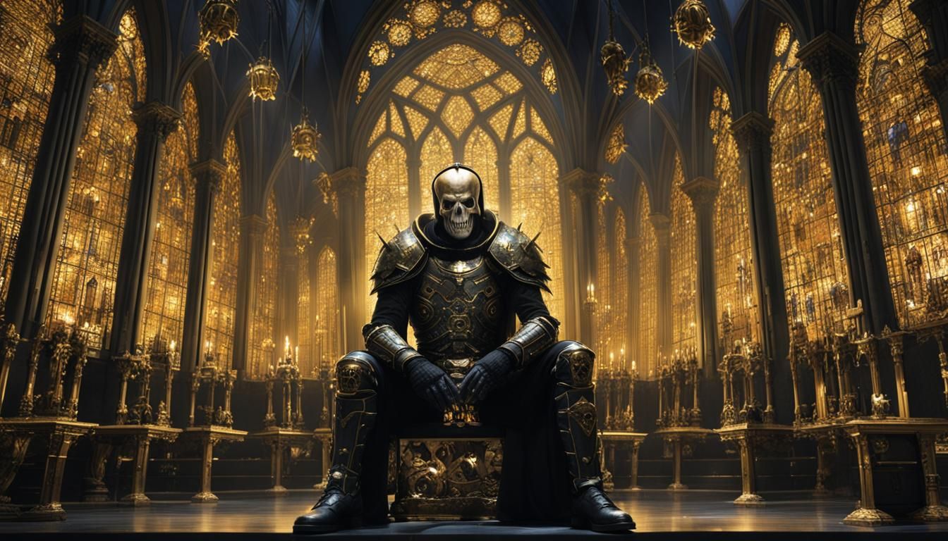 Cyberpunk Cathedral: Armored Figure on Gothic Throne