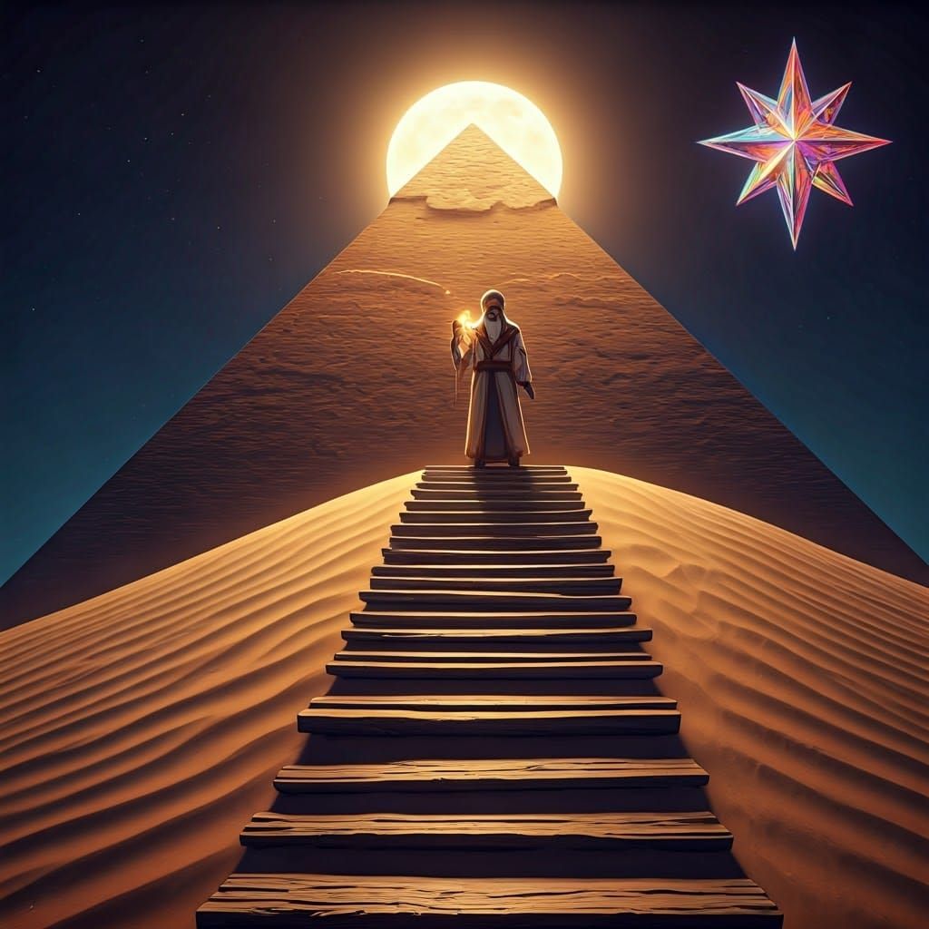 Majestic Pyramid at Night with Wise Arab Scientist