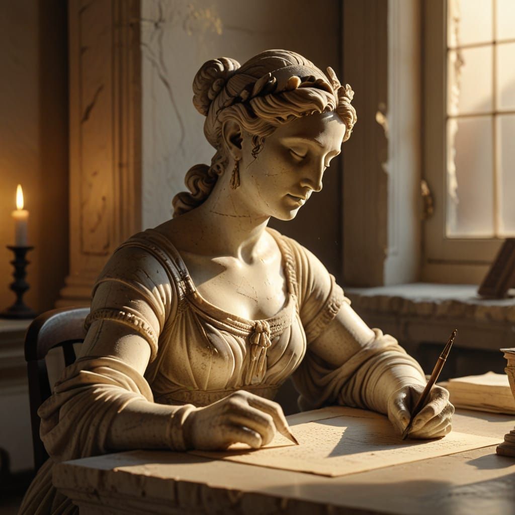 A Serene Classical Statue of a Woman Writing in Warm Golden ...