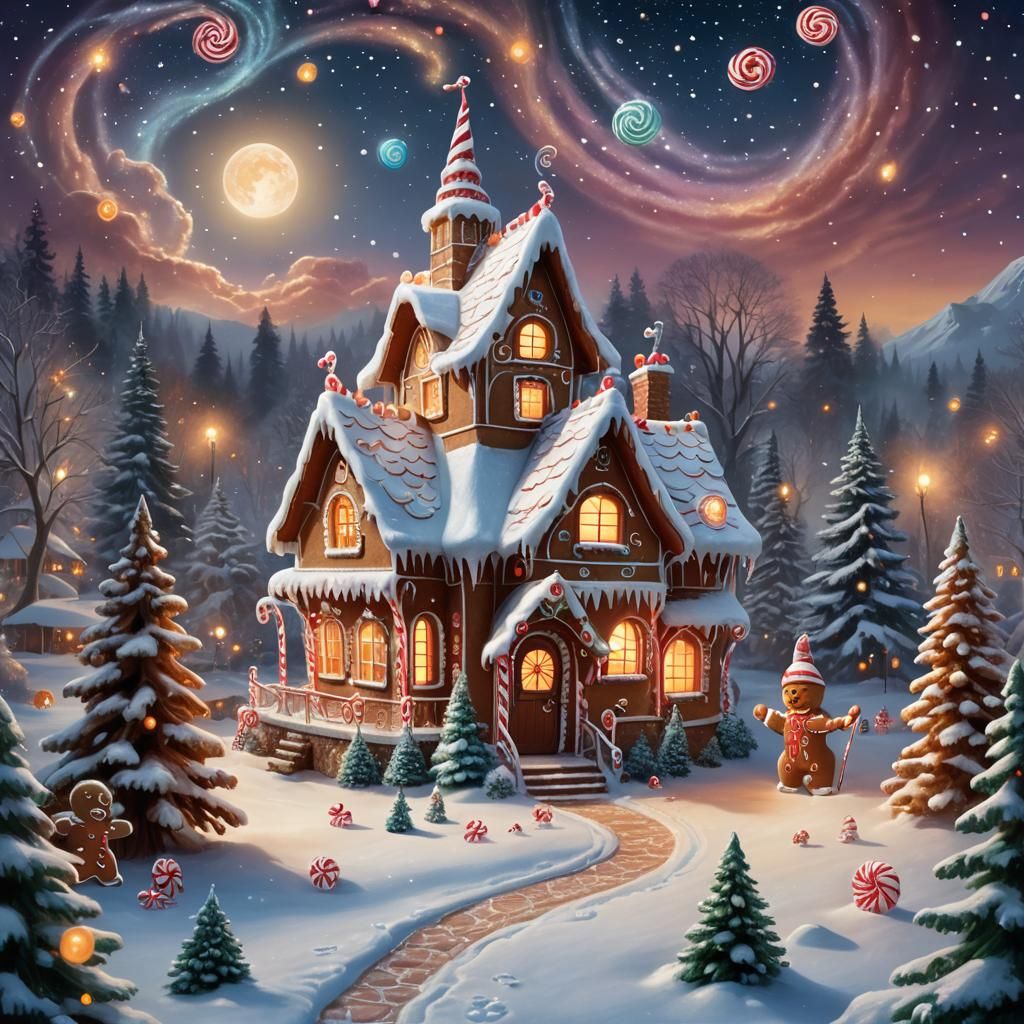 Gingerbread House in Snowy Wonderland, Art Nouveau Style