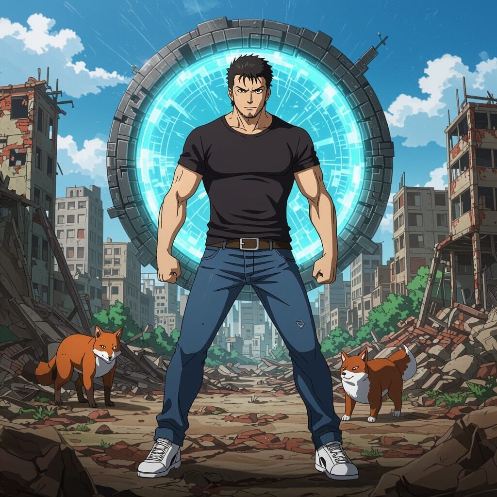 Anime Hero in Ruined Cityscape with Dimensional Portal