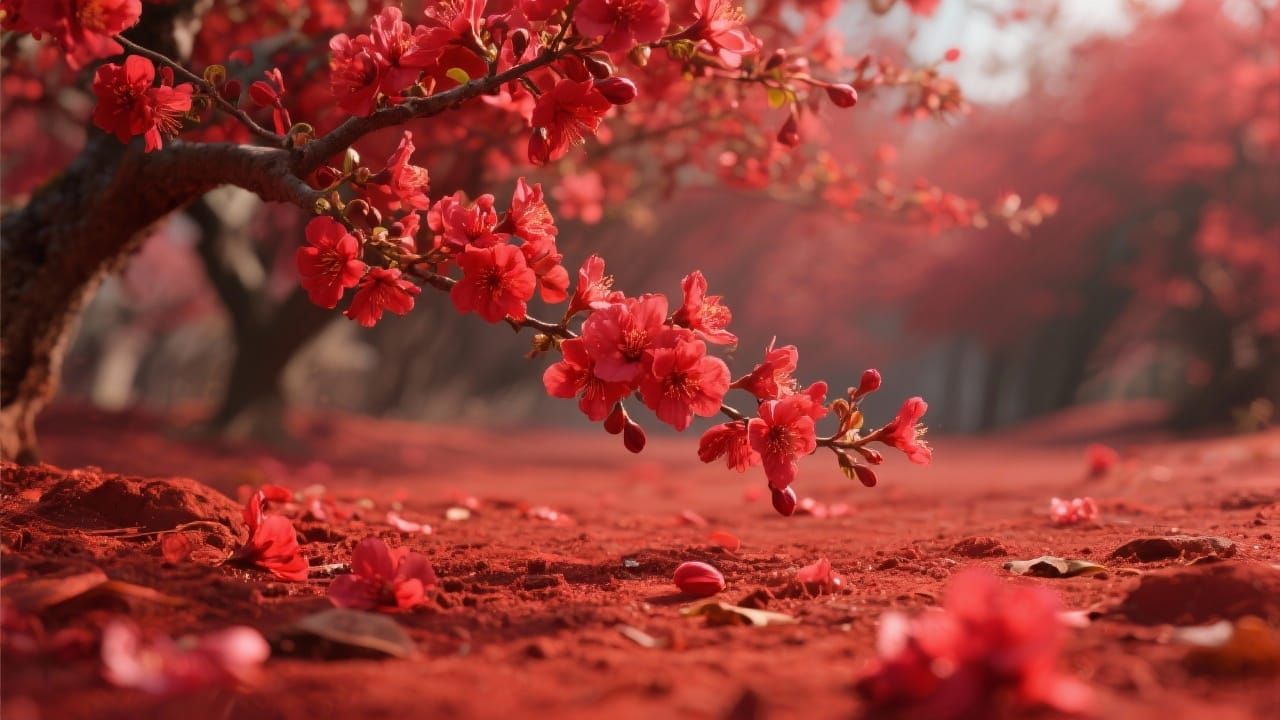 Blossoms fall on the red earth