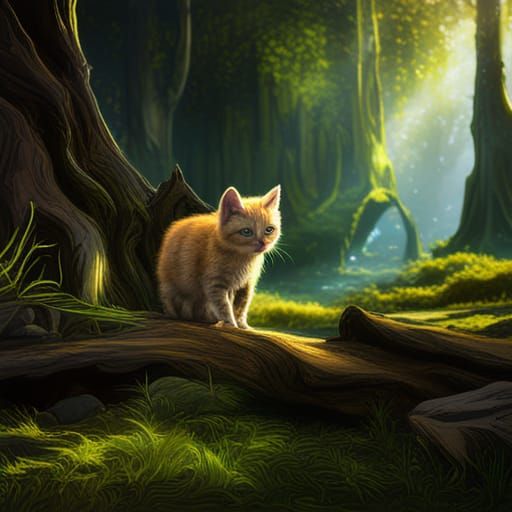 Fantasy Kitten in Forest: Detailed Matte Painting