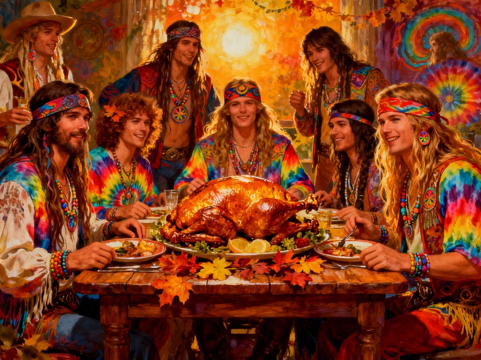 Psychedelic Hippie Thanksgiving Dinner in Pino Daeni Oil Sty...