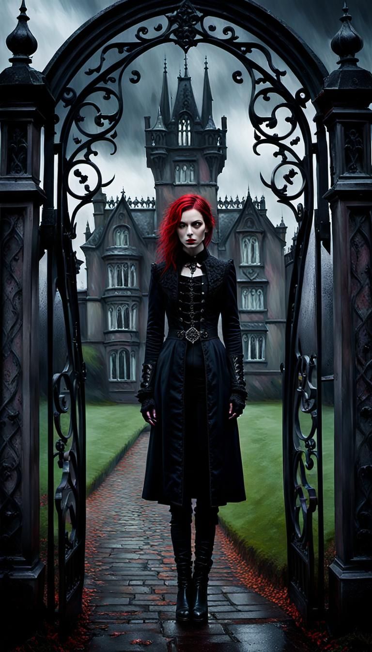Gothic Punk Girl at Manor Gate in Oil Painting