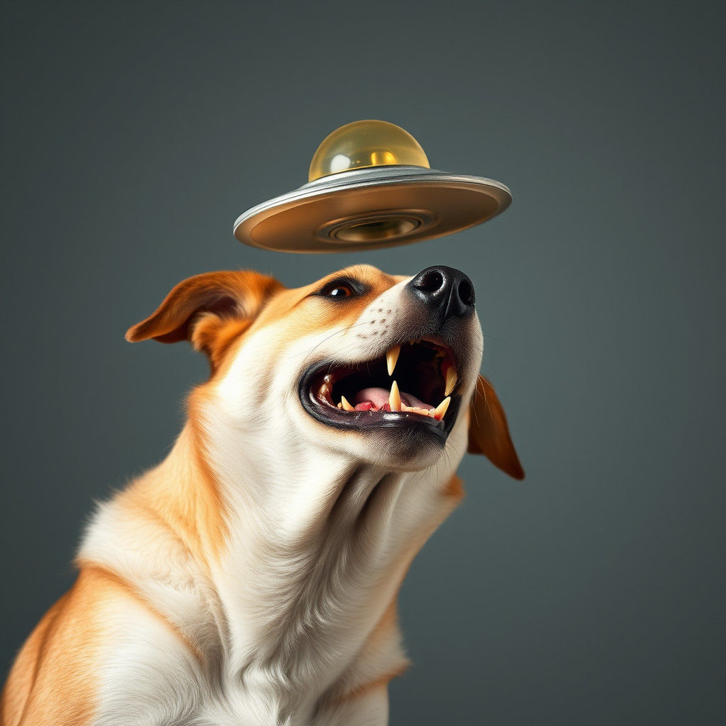 A dog trying to hold onto a flying saucer with their teeth