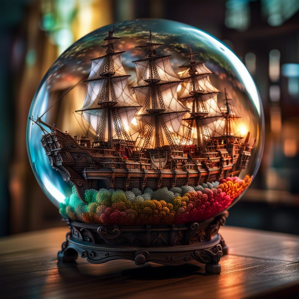Pirate Ship in Glass Sphere: Hyperrealistic 8K