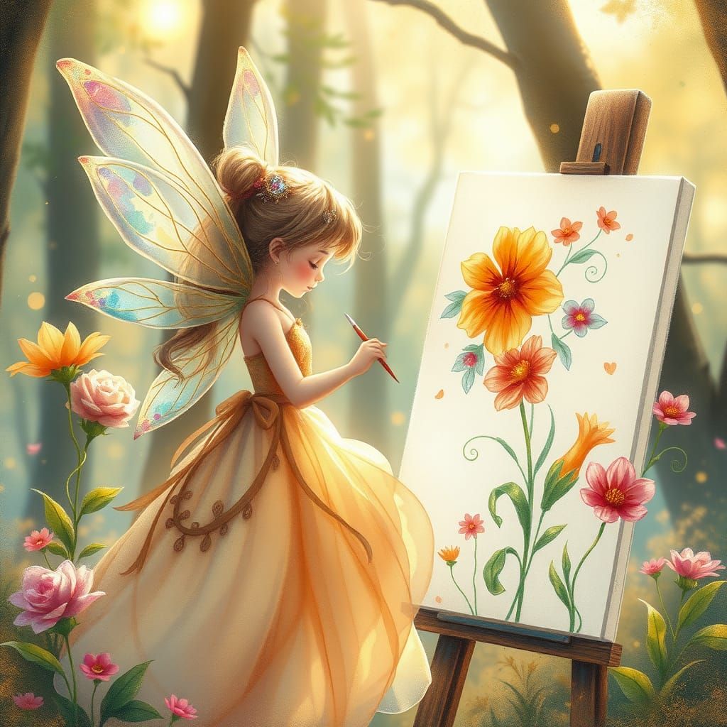 Whimsical Fairy Paints Flowers in a Sunlit Forest Glade