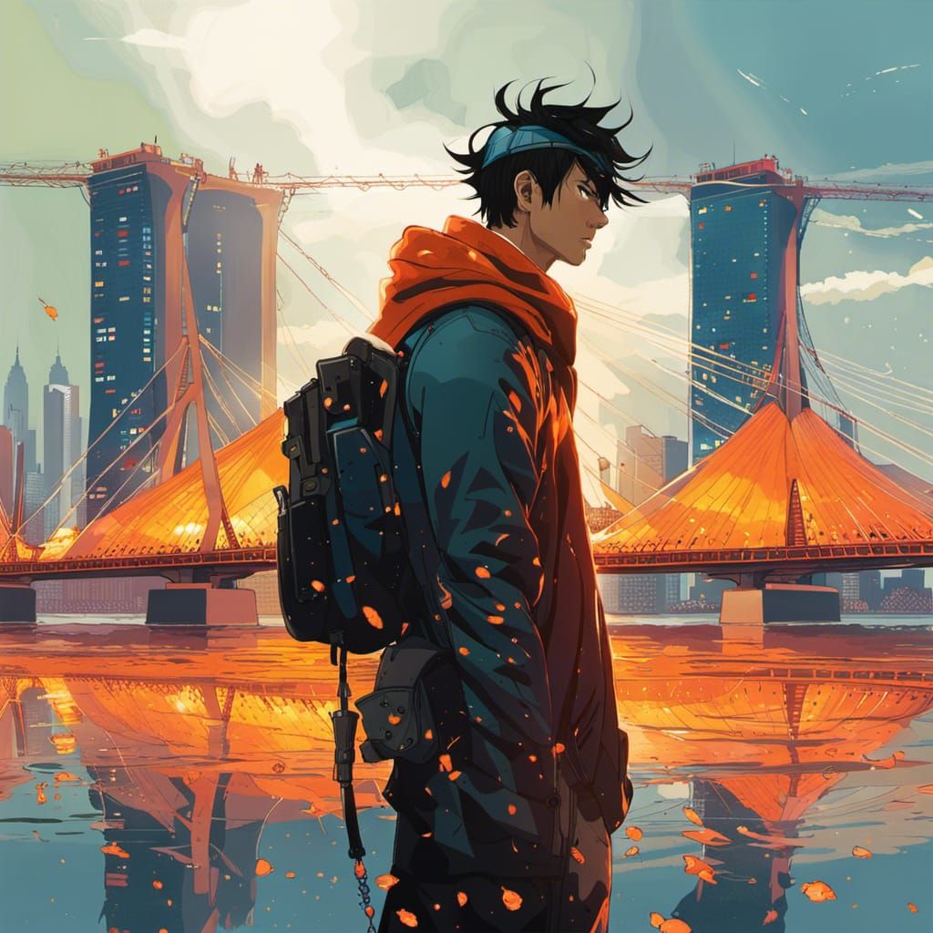 Double Exposure Fire Mage Portrait with Cityscape