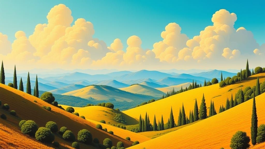 Tuscan Countryside Under Aqua Sky with Gold Clouds