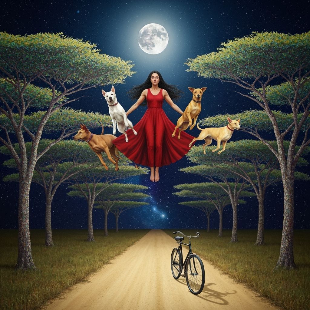 Woman Flying with Dogs Over Forest at Night