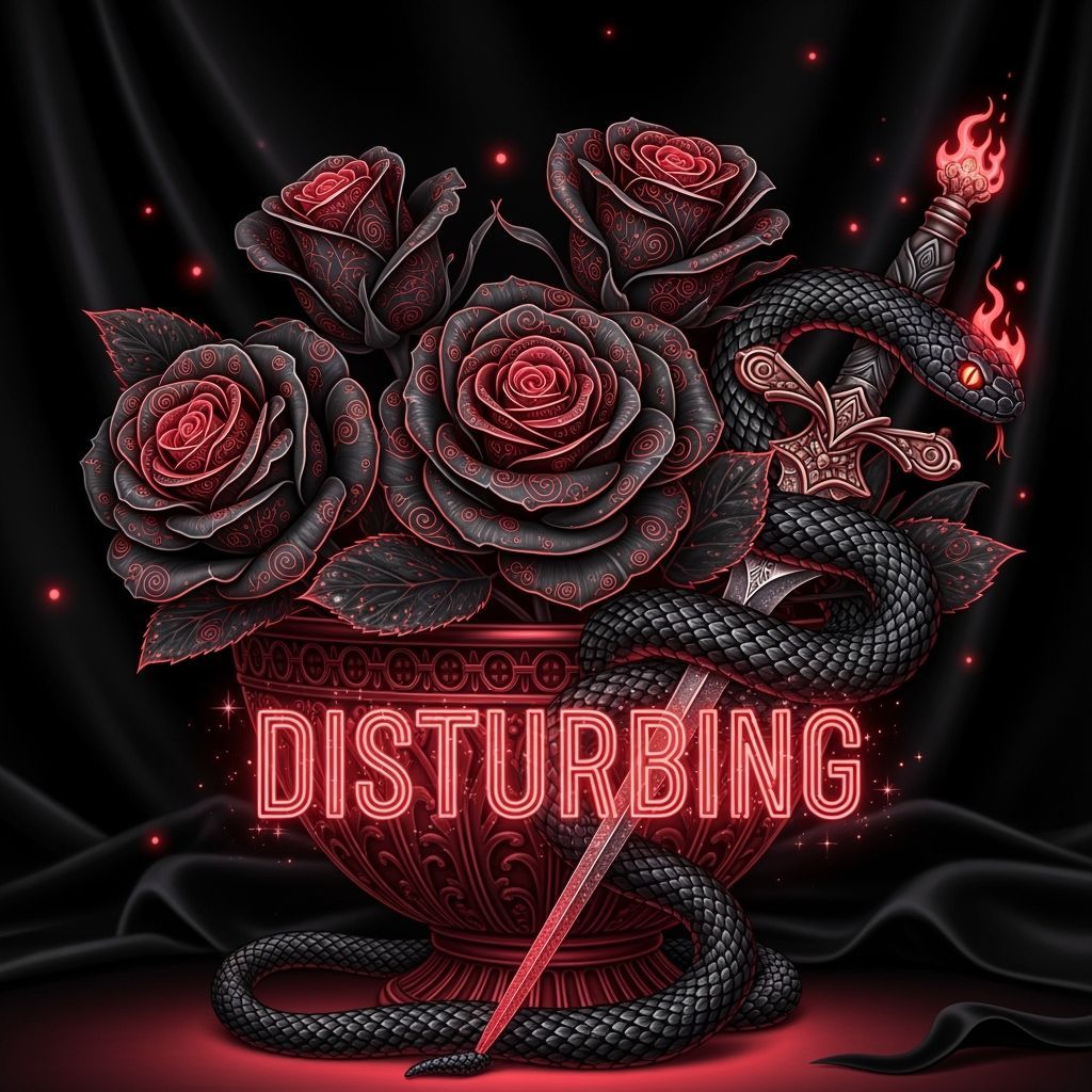 Bioluminescent black roses with intricate red swirling fine line patterns on delicate petals, with bioluminescent baby's...