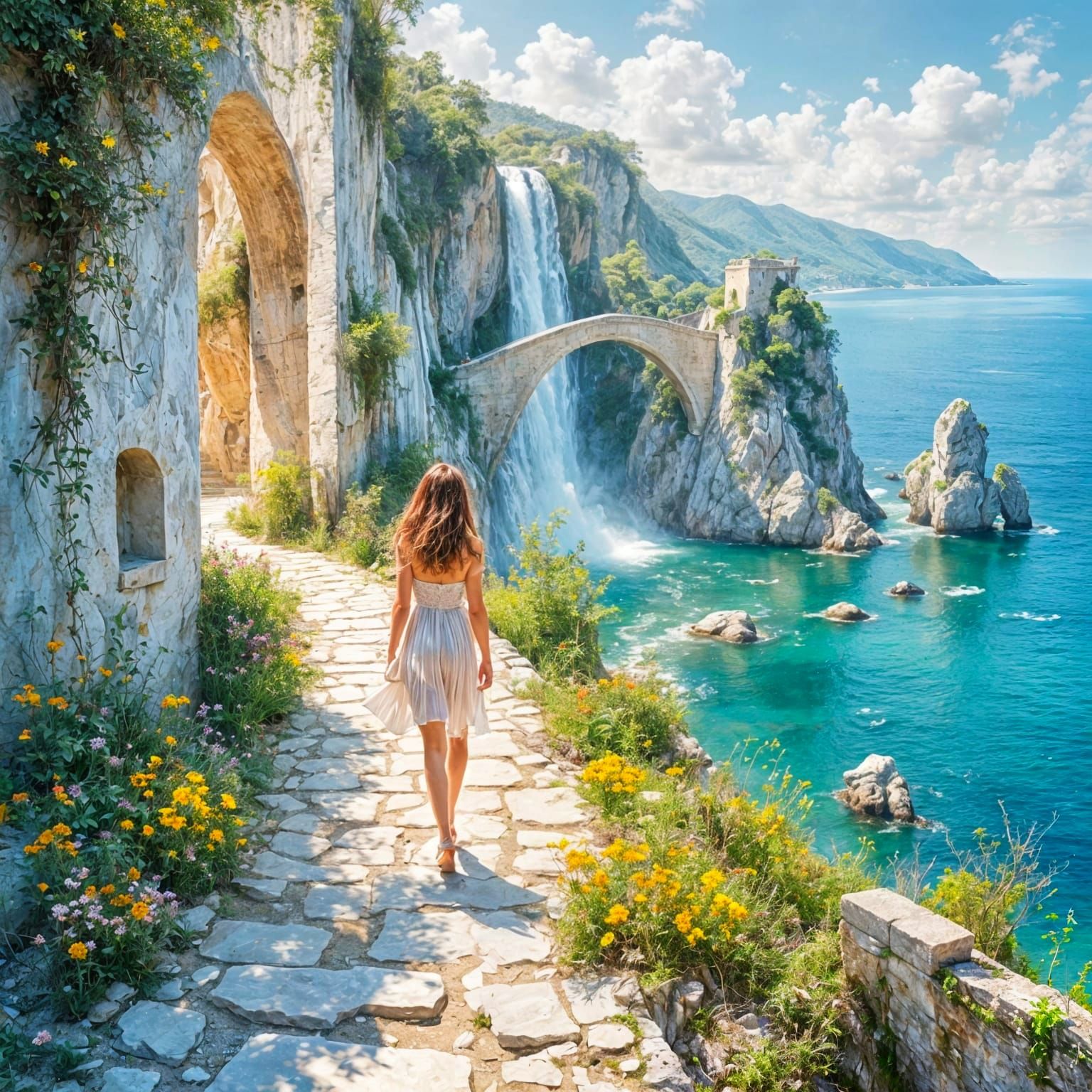 Dreamscape Waterfall Scene with Monet-Style Bridge