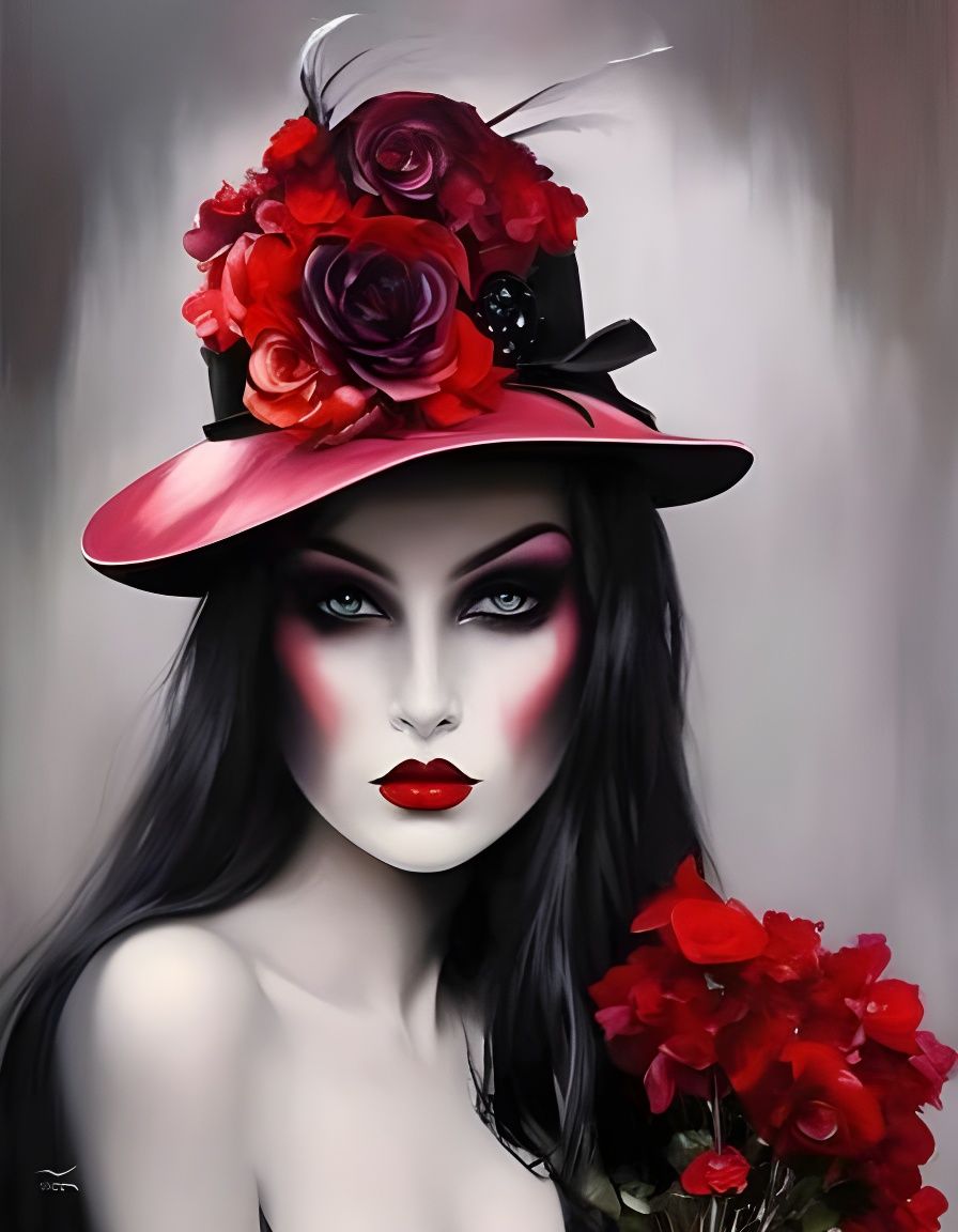 Gothic Girl with Red Lips Painting