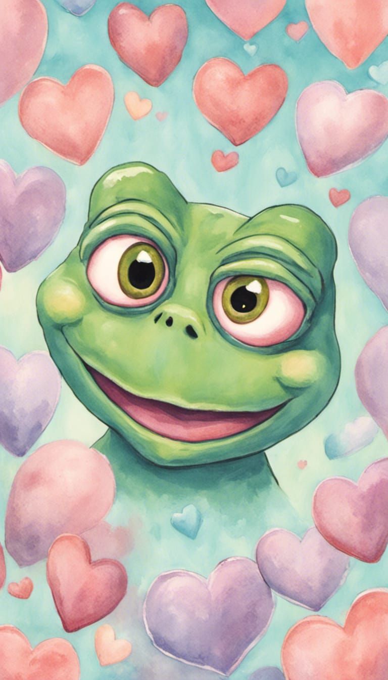Pastel Love Hearts Surround Pepe the Frog