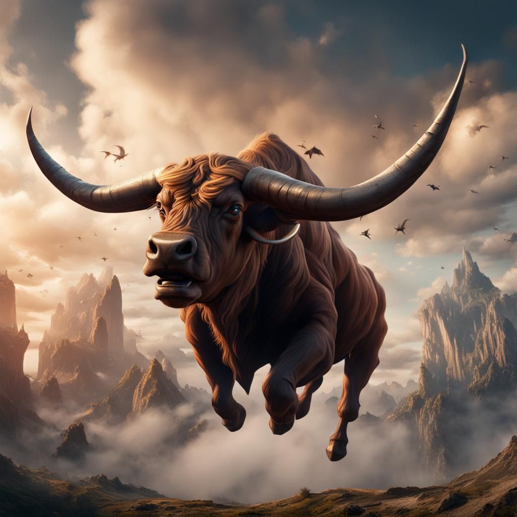 Massive Bull Flying in a Detailed Sky
