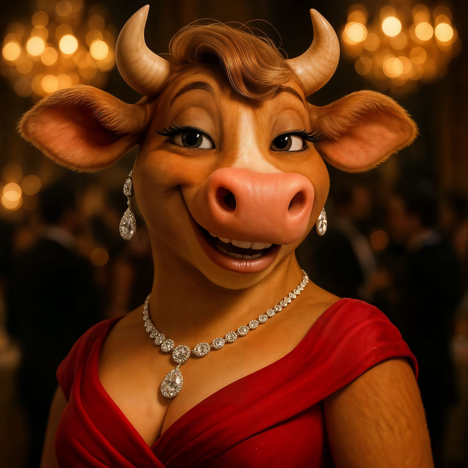 Glamorous CGI Cow in Red Gown and Diamonds