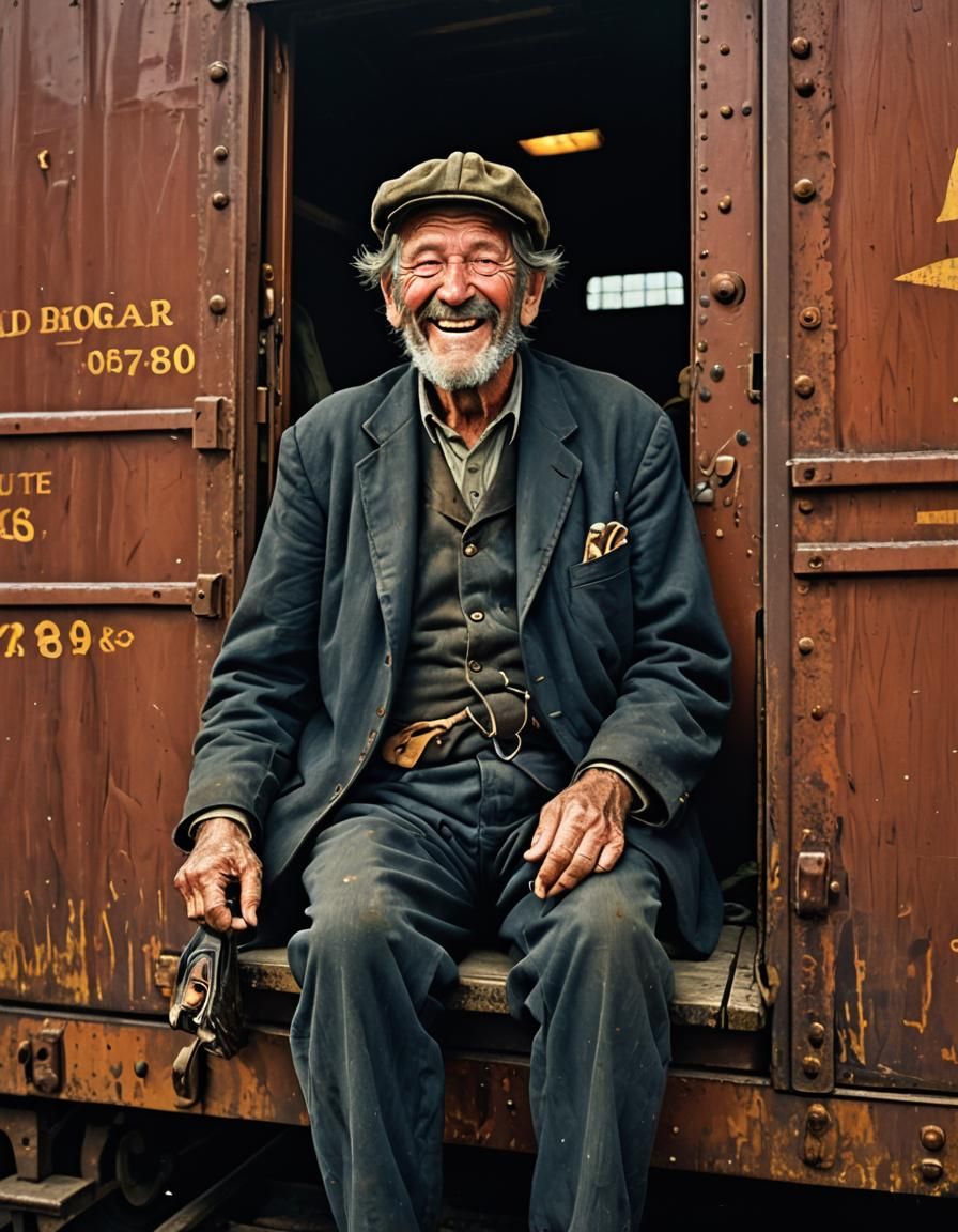Grinning Hobo Rides Boxcar to Bangor, Maine