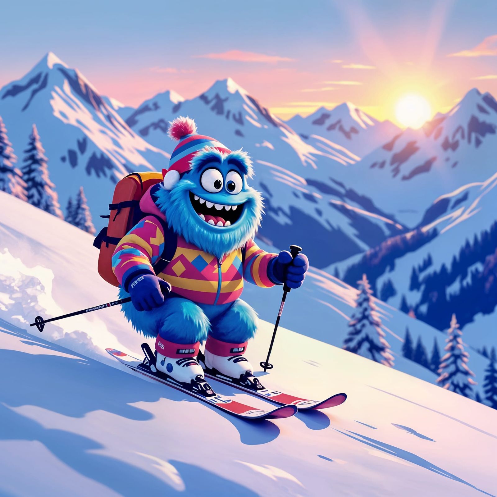 Happy Blue Monster Skiing Down Snowy Mountain