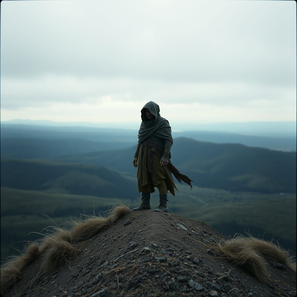 Mysterious Wanderer Amidst a Desolate Landscape