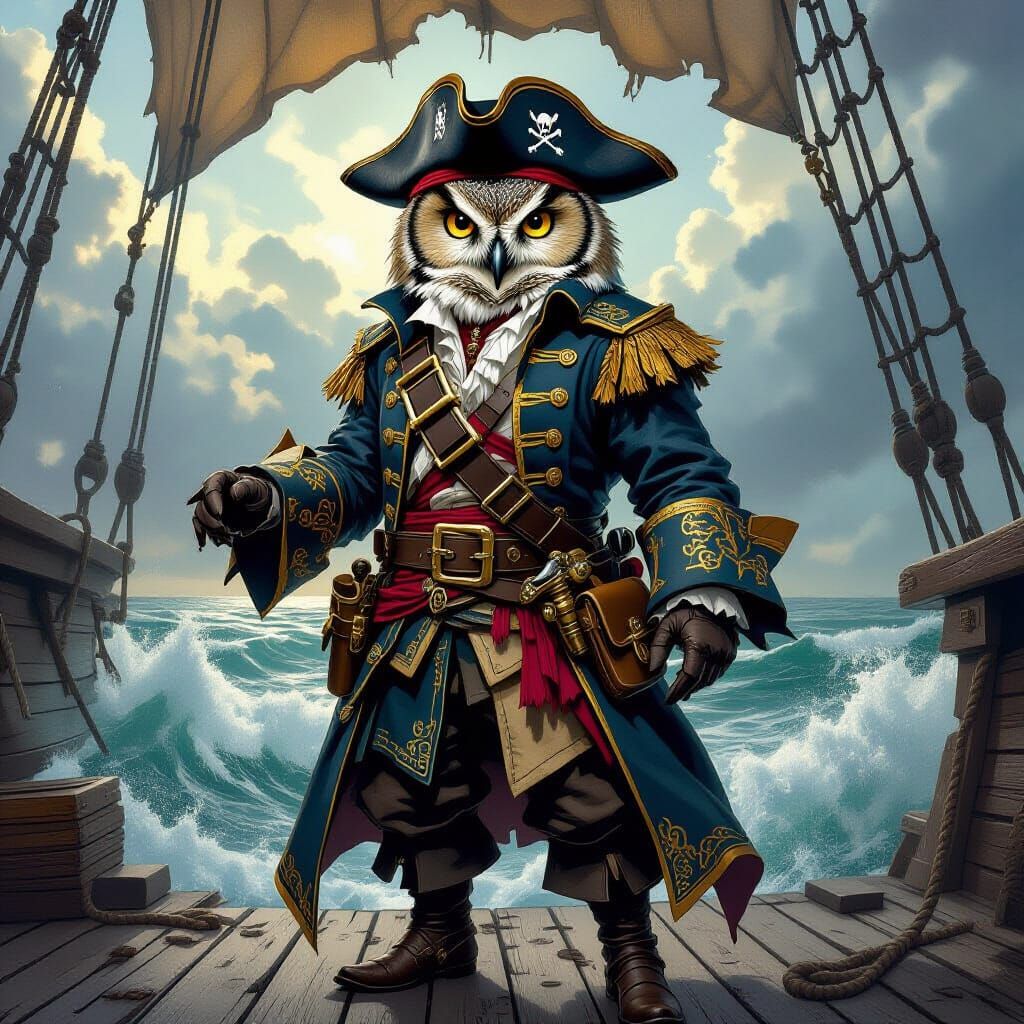 Owl Pirate Captain on Ship in Dark Fantasy Style