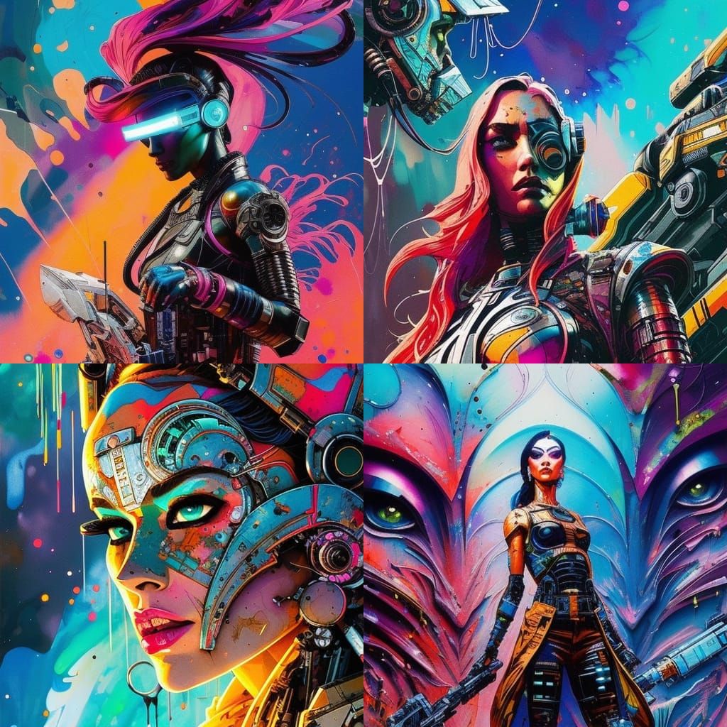 Hyperdetailed Cyberpunk Cyborg Girls in Oil Splash