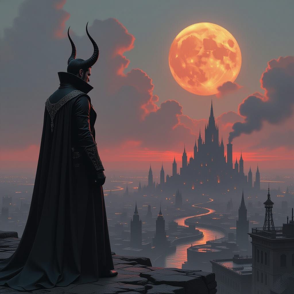 Lucifer Over Apocalyptic City in Dark Gritty Style