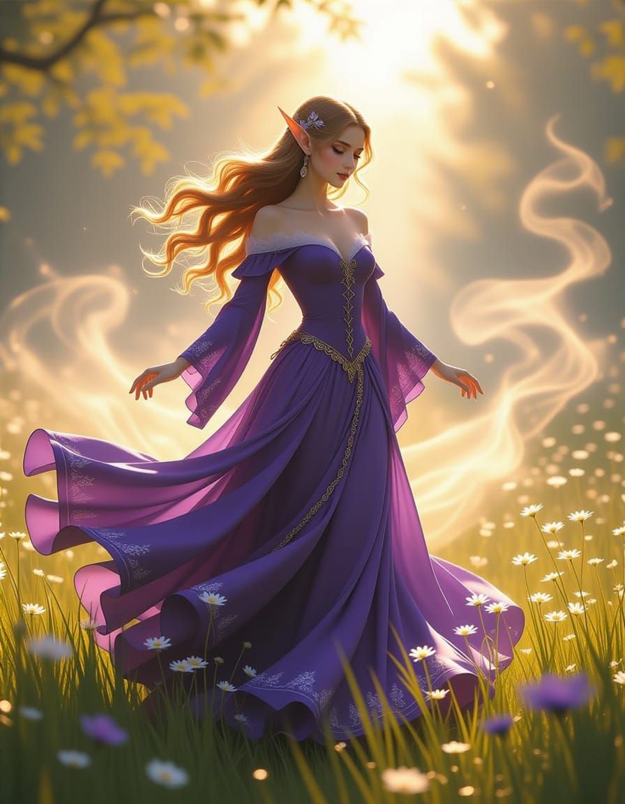 Elf Dancing in Sun-Dappled Meadow in Romantic Painterly Styl...