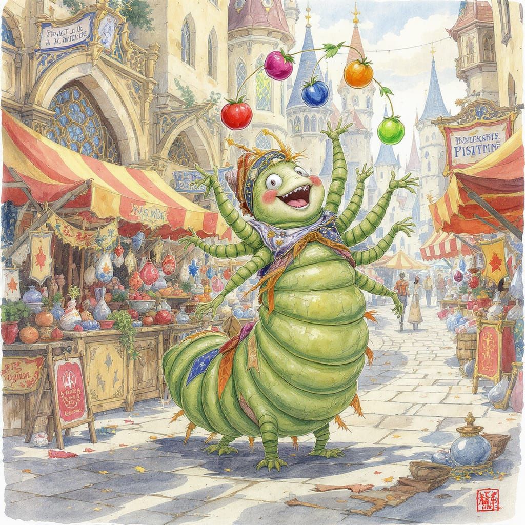 Colorful Caterpillar Juggler in Medieval Market