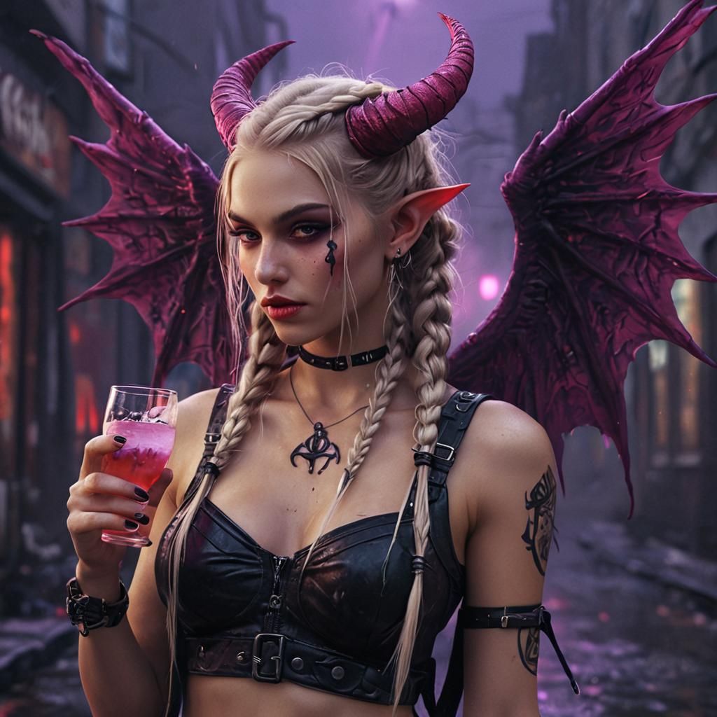 Gothic Punk Demon with Vodka in Vaporwave Style