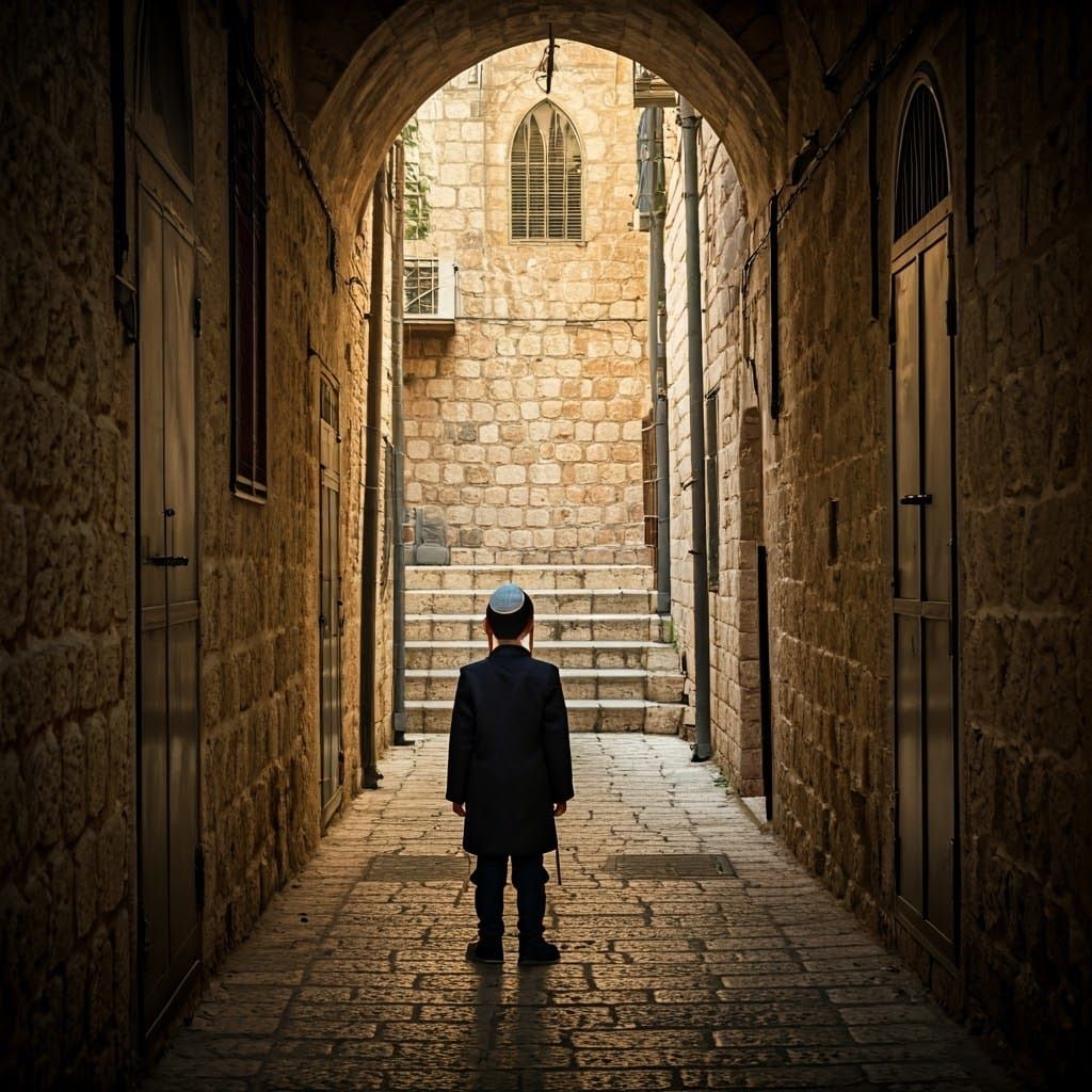A cute Hasidic boy is standing in an alley in the city of Sa...