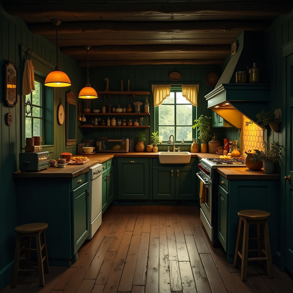 Cozy Cabin Kitchen with Golden Lamps and Wooden Floor