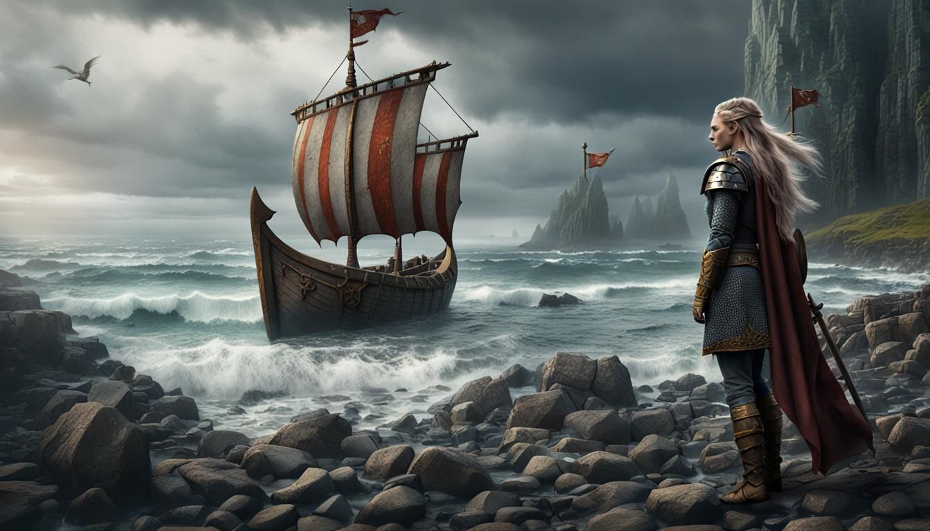 Viking Warrior on Beach with Approaching Ship