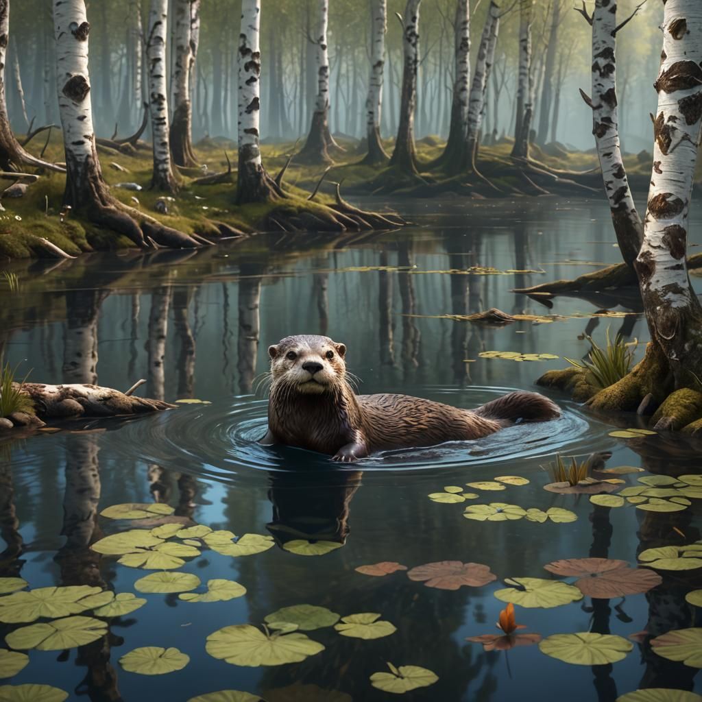 Otter Swimming in Birch Wood: Detailed Matte Painting