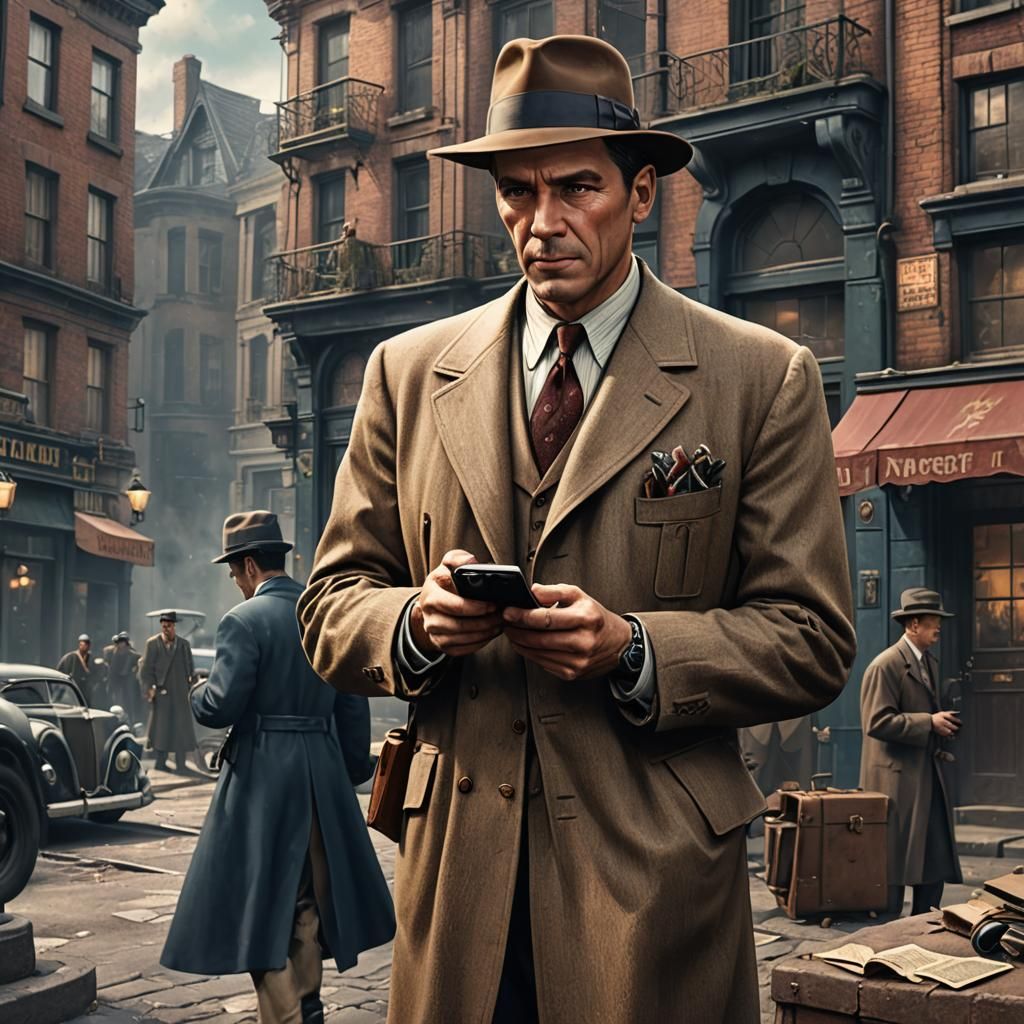 1940s Detective with Smartphone, Detailed Matte Painting