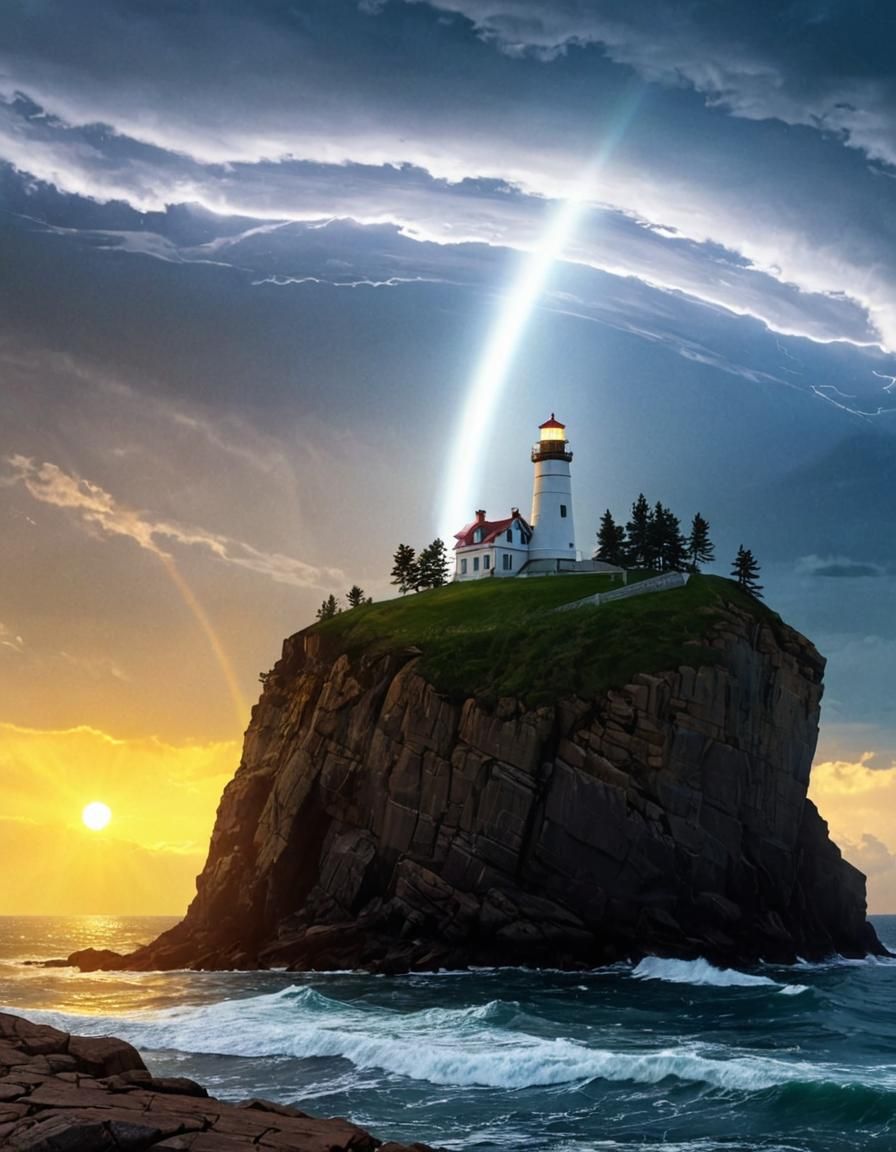 Lighthouse at Stormy Cliff: Dramatic Atmospheric Painting