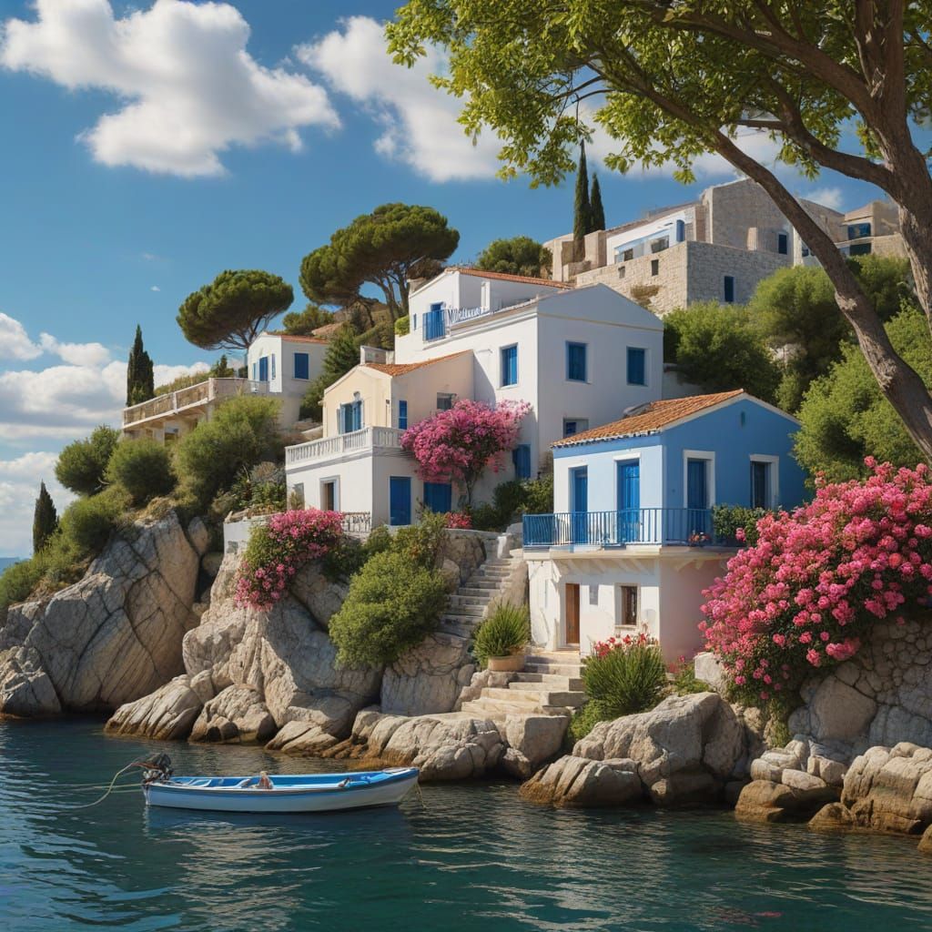 Greek Village by the Sea in Vibrant Springtime