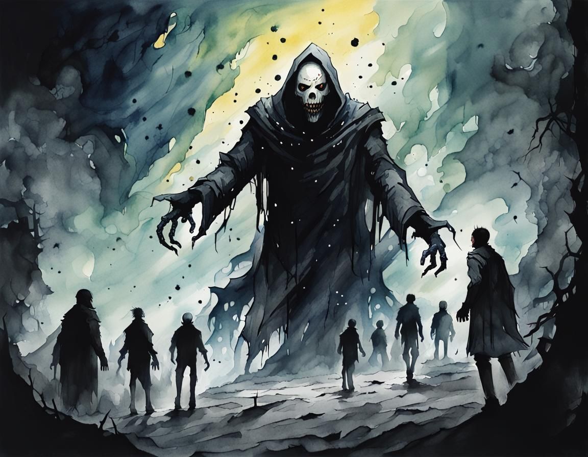 Dark Fantasy Figure Leading People: Watercolor Horror