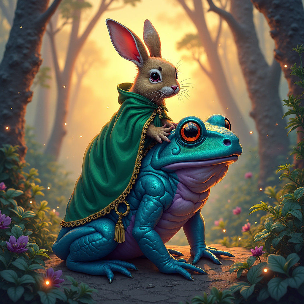 Bunny Rides Frog in Comic Book Fantasy Landscape