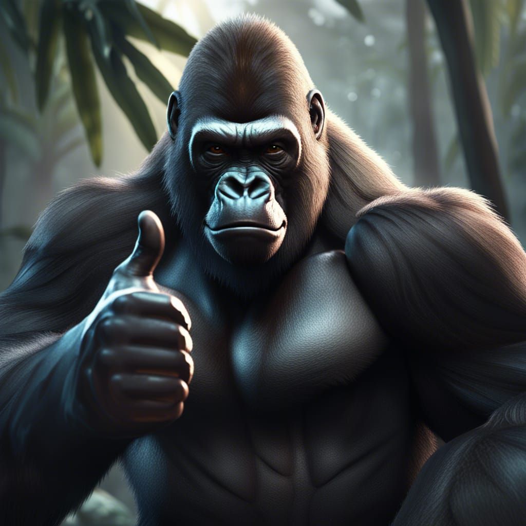 Gorilla Thumbs Up in 3D Game Cinematic Style