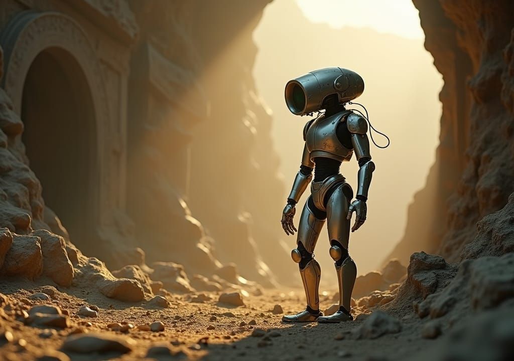 Robotic Explorer Among Alien Ruins in Cinematic Style