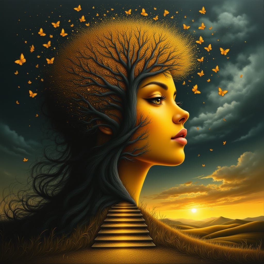 Surreal Woman's Face Digital Painting with Butterflies