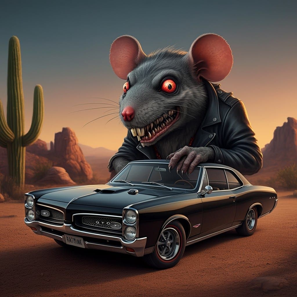Rat Fink Monster Driving 1967 Pontiac GTO in Desert