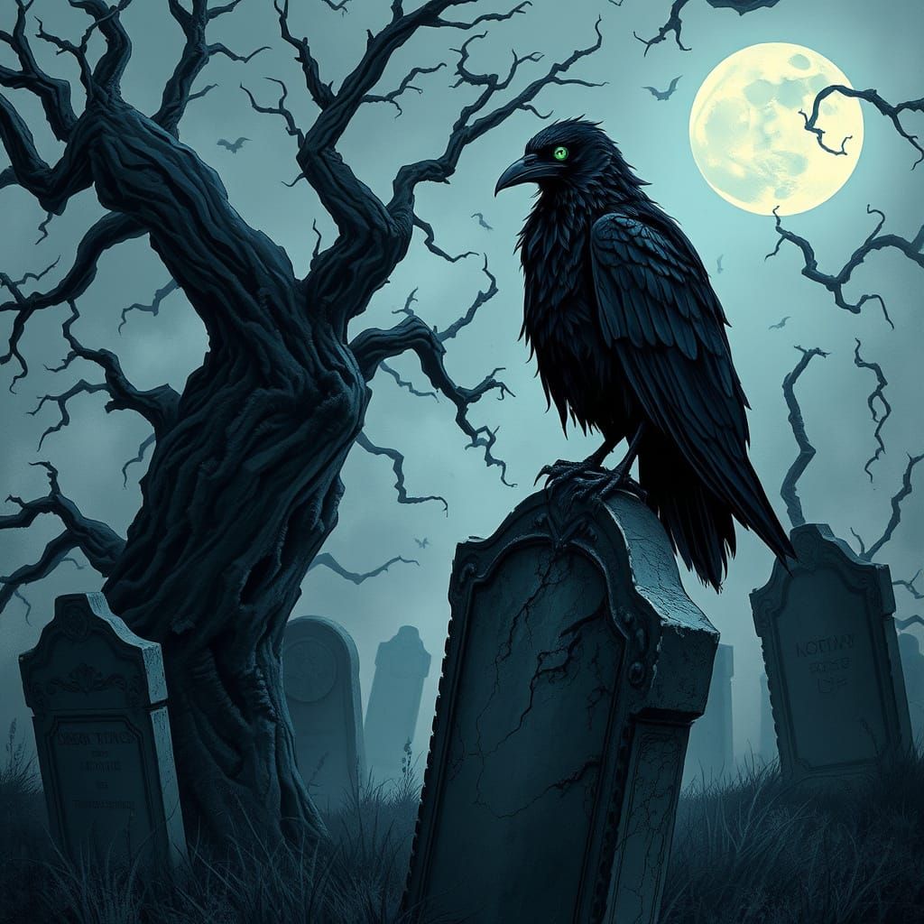 Gothic Raven Perches on Weathered Tombstone