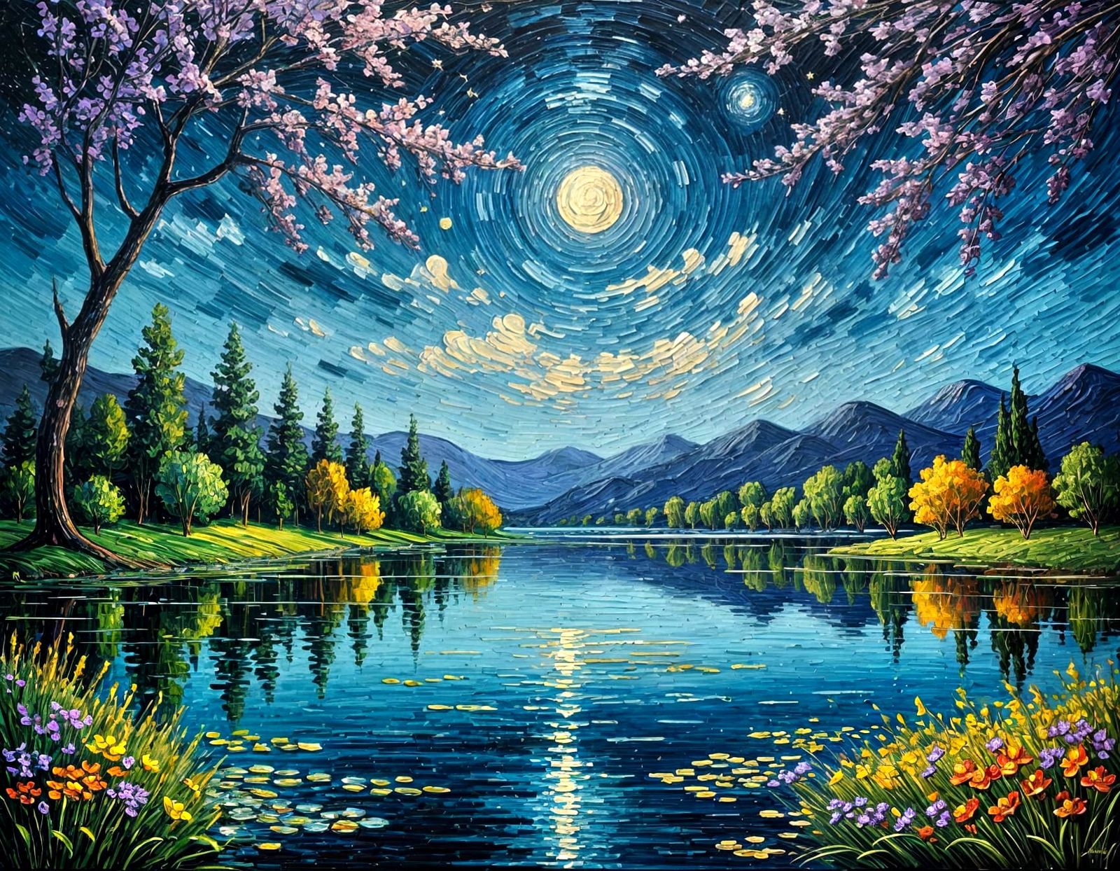 Starry Lake at Night: Impasto Oil Painting