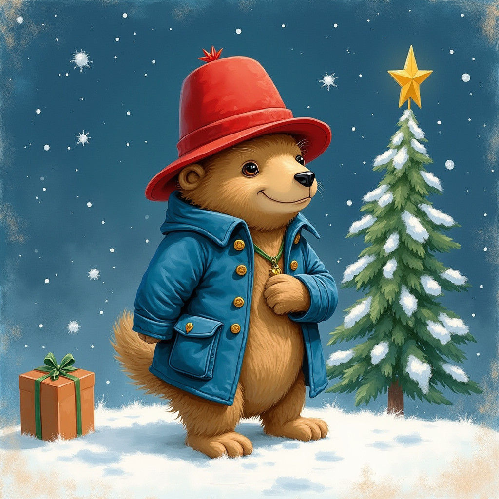 Paddington Bear Christmas Card in Ghibli Style