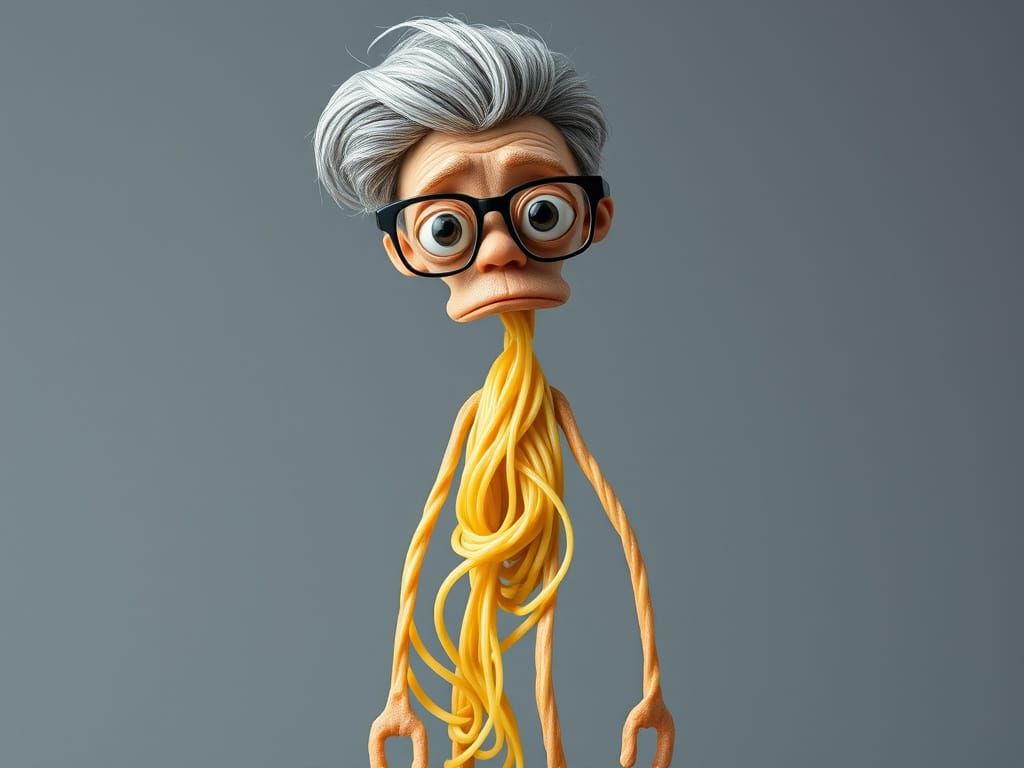 Wobbly Noodle Figure in Satirical Gray-White Hair Style