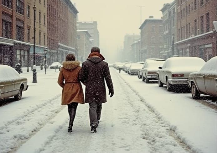 Couple Strolls Through Gritty New York Winter Wonderland