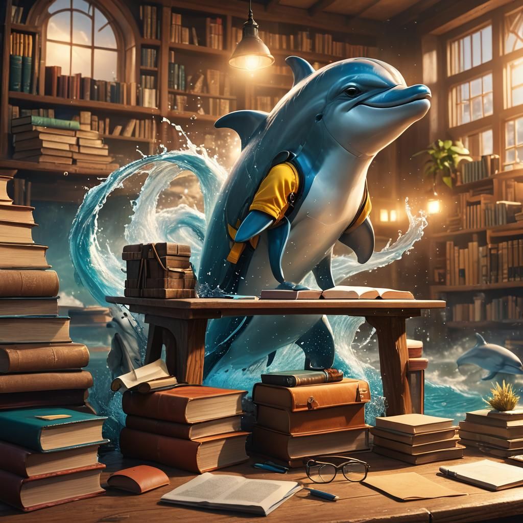 Dolphin Student at Desk: Fantasy Concept Art