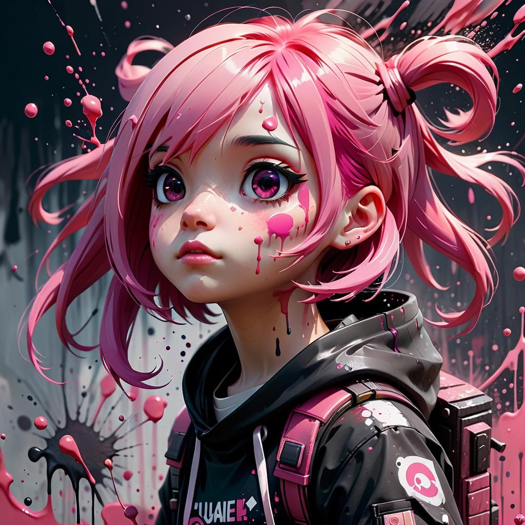 Chibi Girl Portrait with Pink Hair, Detailed Digital Art